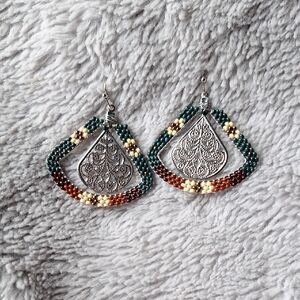 Intricate Silver and Beaded Teardrop Earrings